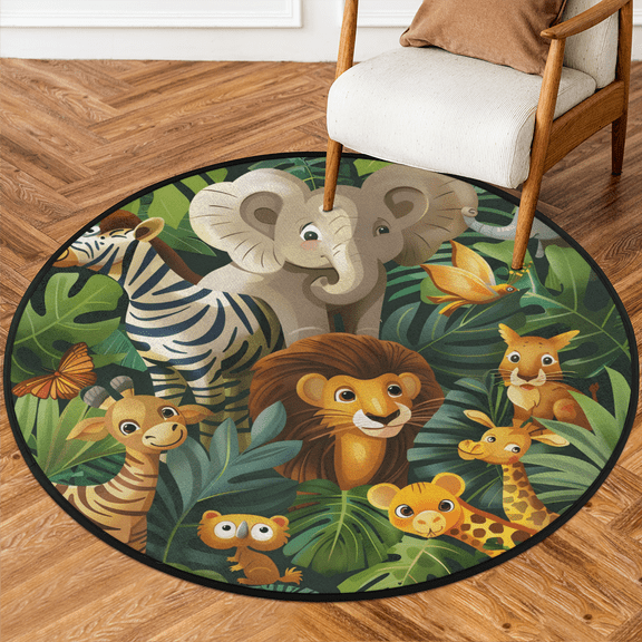 CURLYOOT Round Rug 3ft Rainforest Animals Jungle Elephant Giraffe Area Rug, Washable Circle Mat Non Slip Floor Carpet Mat, Soft Indoor Rugs for Entryway Living Room Dining Room Bedroom