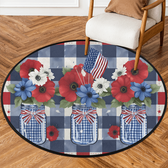 CURLYOOT Round Rug 3ft Red and Blue Stripe Flowers Area Rug, Washable Circle Mat Non Slip Floor Carpet Mat, Soft Indoor Rugs for Entryway Living Room Dining Room Bedroom