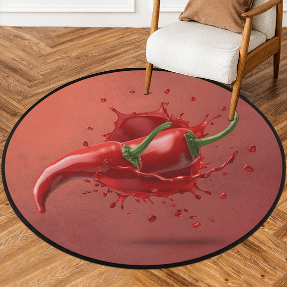 CURLYOOT Round Rug 3ft Red Chilli Area Rug, Washable Circle Mat Non Slip Floor Carpet Mat, Vegetable Chilli Soft Indoor Rugs for Entryway Living Room Dining Room Bedroom