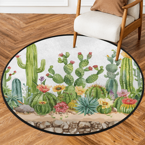 CURLYOOT Round Rug 3ft Rustic Cactus Area Rug, Washable Circle Mat Non Slip Floor Carpet Mat, Soft Indoor Rugs for Entryway Living Room Dining Room Bedroom