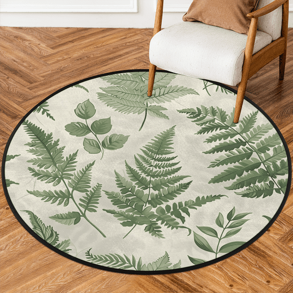CURLYOOT Round Rug 3ft Sage Green Leaves Botanical Area Rug, Washable Circle Mat Non Slip Floor Carpet Mat, Soft Indoor Rugs for Entryway Living Room Dining Room Bedroom