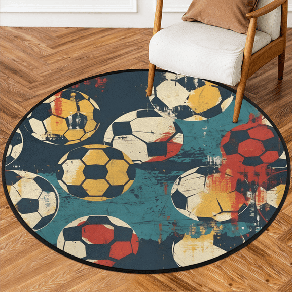 CURLYOOT Round Rug 3ft Soccer Ball Area Rug, Washable Circle Mat Non Slip Floor Carpet Mat, Soft Indoor Rugs for Entryway Living Room Dining Room Bedroom