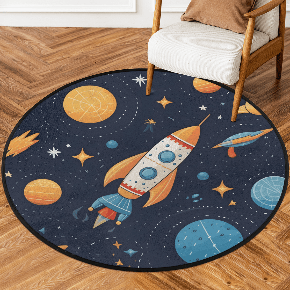 Space Round Rug CURLYOOT Round Rug 3ft Spaceship Rocket Ship Galaxy Theme Area Rug ...