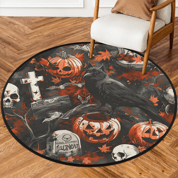 CURLYOOT Round Rug 3ft Spooky Halloween Area Rug, Washable Circle Mat Non Slip Floor Carpet Mat, Cross Pumpkins Soft Indoor Rugs for Entryway Living Room Dining Room Bedroom