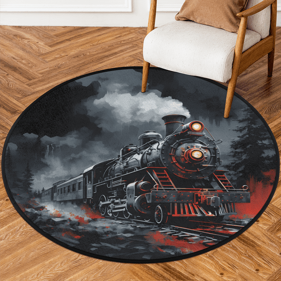 CURLYOOT Round Rug 3ft Steam Engine Old Train Area Rug, Washable Circle Mat Non Slip Floor Carpet Mat, Soft Indoor Rugs for Entryway Living Room Dining Room Bedroom