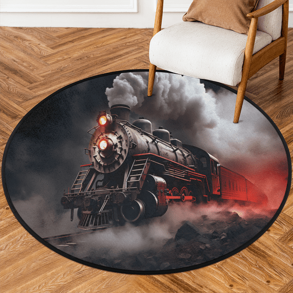 CURLYOOT Round Rug 3ft Cool Train Area Rug, Washable Circle Mat Non Slip Floor Carpet Mat, Soft Indoor Rugs for Entryway Living Room Dining Room Bedroom