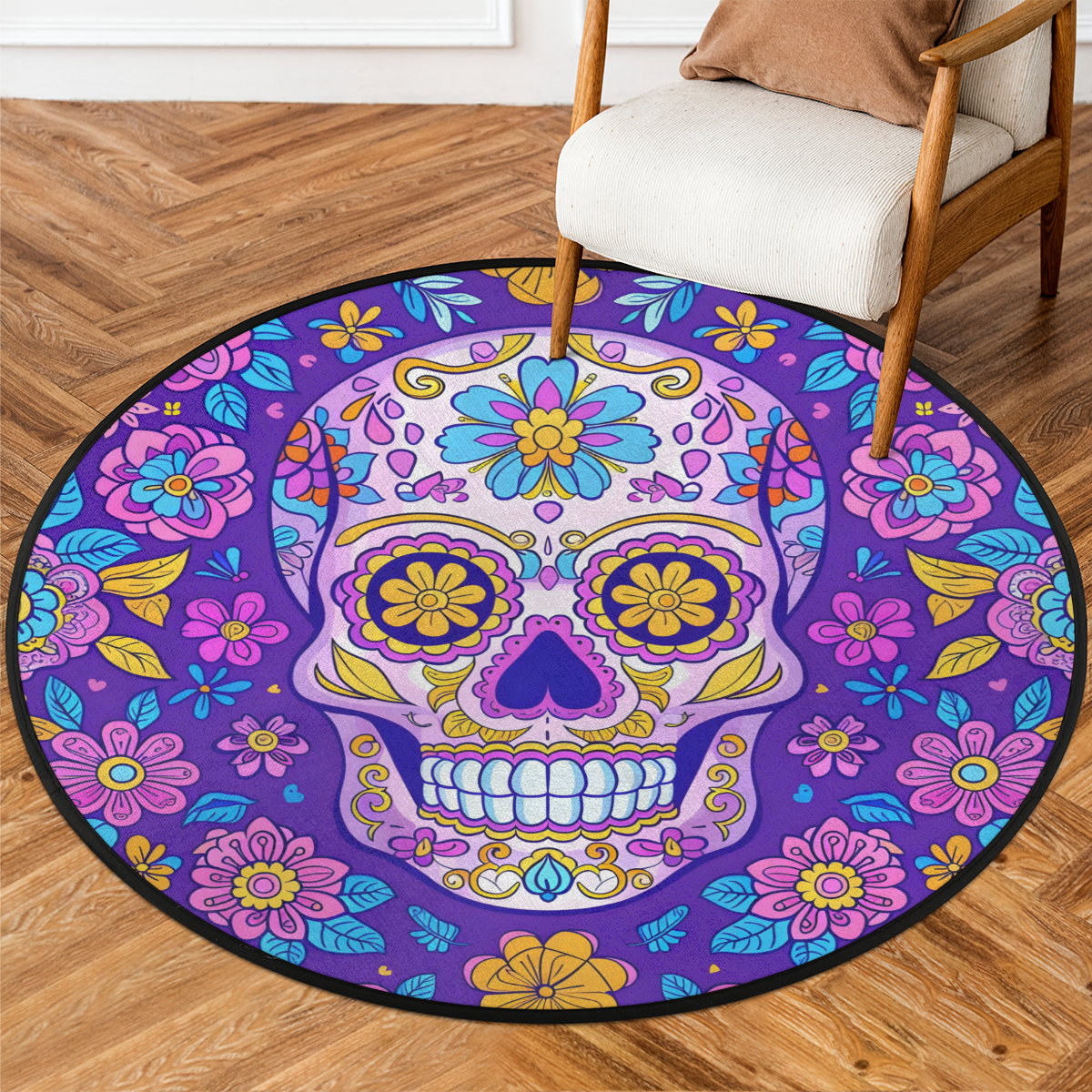 CURLYOOT Round Rug 3ft Sugar Skull Mexican Area Rug, Washable Circle ...