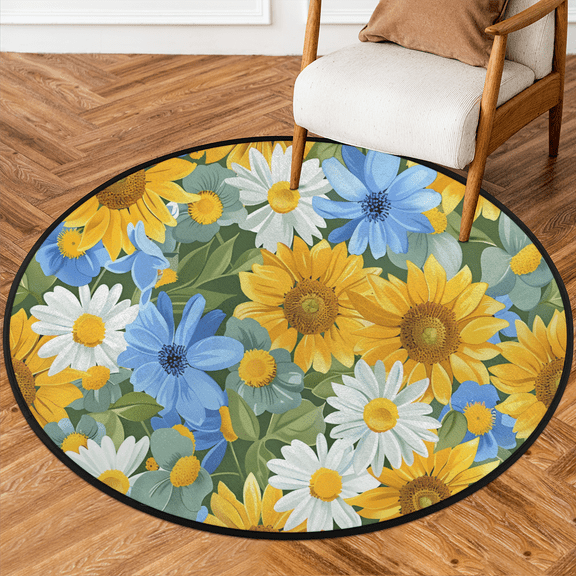 CURLYOOT Round Rug 3ft Summer Sunflower Painting Area Rug, Washable Circle Mat Non Slip Floor Carpet Mat, Soft Indoor Rugs for Entryway Living Room Dining Room Bedroom