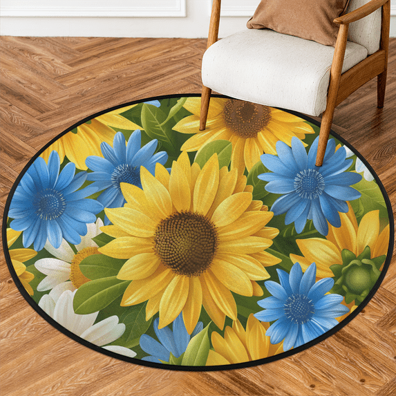 CURLYOOT Round Rug 3ft Summer Sunflower Style Area Rug, Washable Circle Mat Non Slip Floor Carpet Mat, Soft Indoor Rugs for Entryway Living Room Dining Room Bedroom