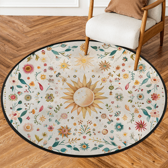 CURLYOOT Round Rug 3ft Sun Moon Boho Plant Area Rug, Washable Circle Mat Non Slip Floor Carpet Mat, Soft Indoor Rugs for Entryway Living Room Dining Room Bedroom