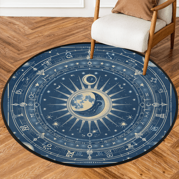 CURLYOOT Round Rug 3ft Sun And Moon Horoscope Circle Area Rug, Washable Circle Mat Non Slip Floor Carpet Mat, Soft Indoor Rugs for Entryway Living Room Dining Room Bedroom