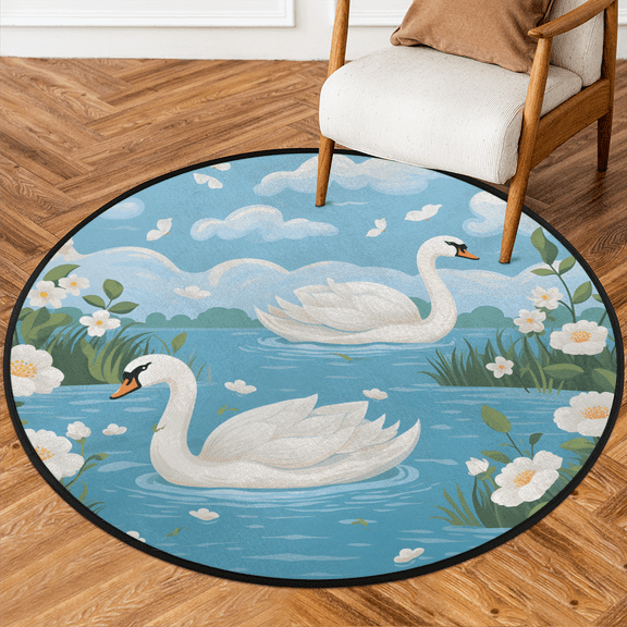 CURLYOOT Round Rug 3ft Swan Area Rug, Washable Circle Mat Non Slip Floor Carpet Mat, Soft Indoor Rugs for Entryway Living Room Dining Room Bedroom