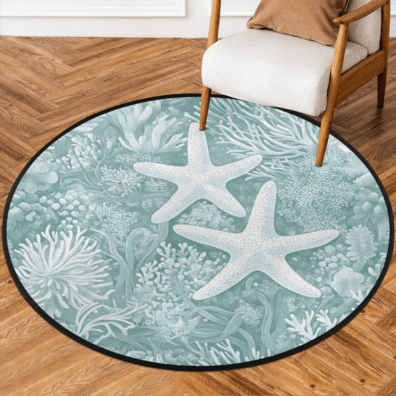 CURLYOOT Round Rug 3ft Teal Coastal Nautical Theme Area Rug, Washable Circle Mat Non Slip Floor Carpet Mat, Soft Indoor Rugs for Entryway Living Room Dining Room Bedroom