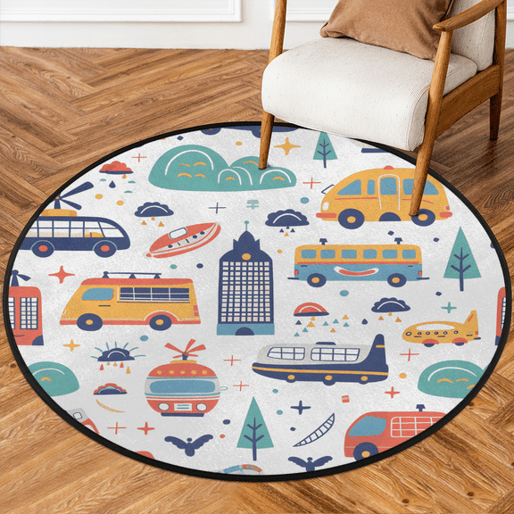 CURLYOOT Round Rug 3ft Transport Car Area Rug, Washable Circle Mat Non Slip Floor Carpet Mat, Soft Indoor Rugs for Entryway Living Room Dining Room Bedroom