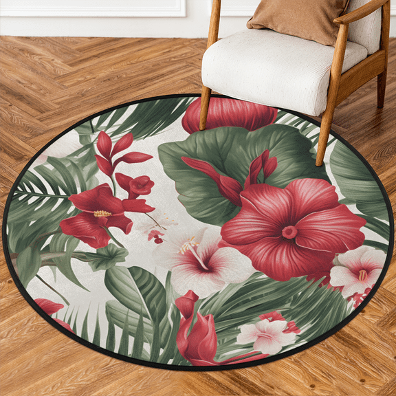 CURLYOOT Round Rug 3ft Tropical Floral Plant Area Rug, Washable Circle Mat Non Slip Floor Carpet Mat, Soft Indoor Rugs for Entryway Living Room Dining Room Bedroom