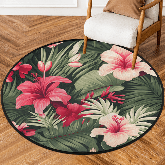 CURLYOOT Round Rug 3ft Tropical Flowers Area Rug, Washable Circle Mat Non Slip Floor Carpet Mat, Palm Leaves Soft Indoor Rugs for Entryway Living Room Dining Room Bedroom