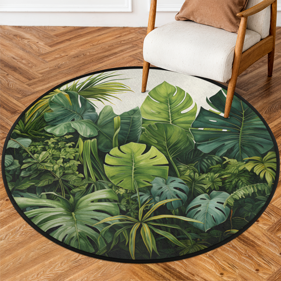 CURLYOOT Round Rug 3ft Tropical Green Leaves Area Rug, Washable Circle Mat Non Slip Floor Carpet Mat, Soft Indoor Rugs for Entryway Living Room Dining Room Bedroom