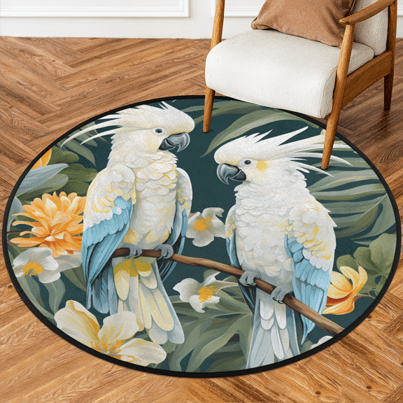 CURLYOOT Round Rug 3ft Tropical Jungle Bird Parrot Area Rug, Washable Circle Mat Non Slip Floor Carpet Mat, Soft Indoor Rugs for Entryway Living Room Dining Room Bedroom