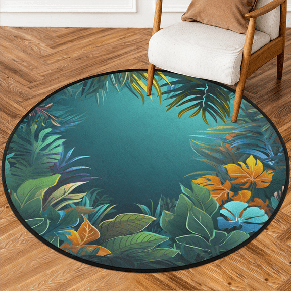CURLYOOT Round Rug 3ft Tropical Leaves Flower Area Rug, Washable Circle Mat Non Slip Floor Carpet Mat, Soft Indoor Rugs for Entryway Living Room Dining Room Bedroom