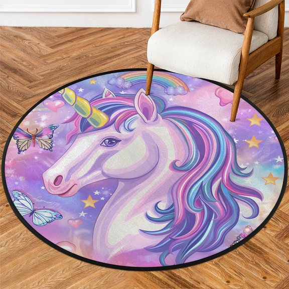 CURLYOOT Round Rug 3ft Unicorn Butterfly Area Rug, Washable Circle Mat Non Slip Floor Carpet Mat, Soft Indoor Rugs for Entryway Living Room Dining Room Bedroom