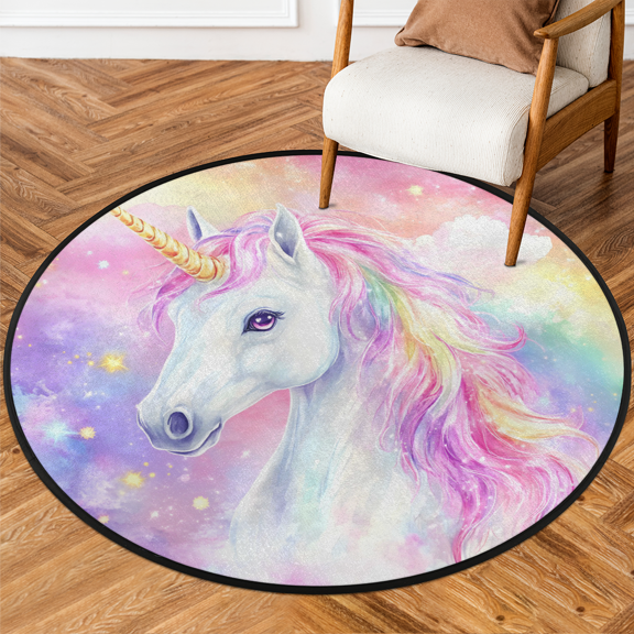 CURLYOOT Round Rug 3ft Unicorn Fancy Cartoon Area Rug, Washable Circle Mat Non Slip Floor Carpet Mat, Soft Indoor Rugs for Entryway Living Room Dining Room Bedroom