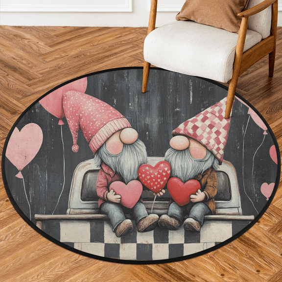 CURLYOOT Round Rug 3ft Valentine Area Rug, Washable Circle Mat Non Slip Floor Carpet Mat, Gnomes Retro Car Soft Indoor Rugs for Entryway Living Room Dining Room Bedroom
