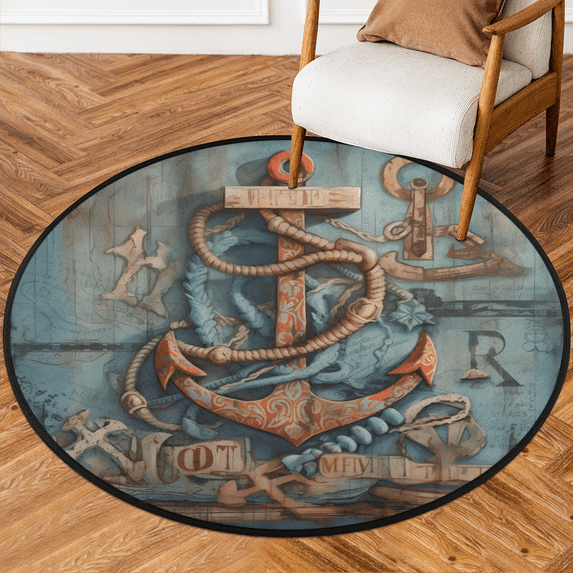 CURLYOOT Round Rug 3ft Vintage Nautical Anchors Area Rug, Washable Circle Mat Non Slip Floor Carpet Mat, Soft Indoor Rugs for Entryway Living Room Dining Room Bedroom