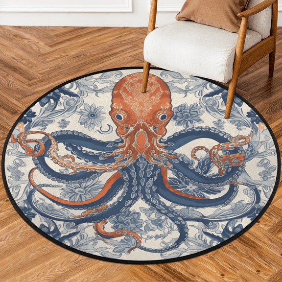 CURLYOOT Round Rug 3ft Vintage Octopus Area Rug, Washable Circle Mat Non Slip Floor Carpet Mat, Soft Indoor Rugs for Entryway Living Room Dining Room Bedroom