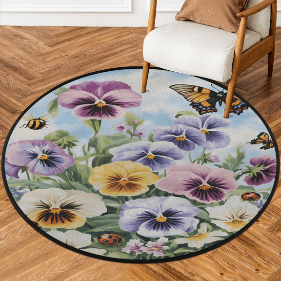 CURLYOOT Round Rug 3ft Watercolor Flower Spring Flowers Area Rug, Washable Circle Mat Non Slip Floor Carpet Mat, Soft Indoor Rugs for Entryway Living Room Dining Room Bedroom