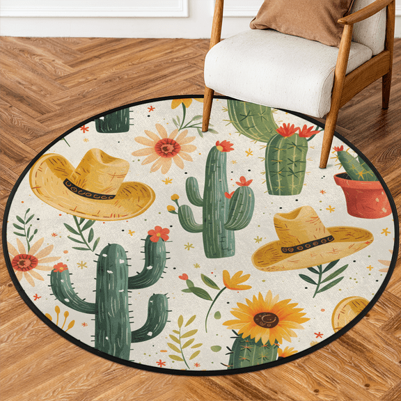 CURLYOOT Round Rug 3ft Western Cowboy Area Rug, Washable Circle Mat Non Slip Floor Carpet Mat, Cactus Sunflower Soft Indoor Rugs for Entryway Living Room Dining Room Bedroom