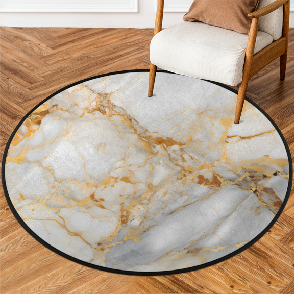 CURLYOOT Round Rug 3ft White Gold Marble Area Rug, Washable Circle Mat Non Slip Floor Carpet Mat, Soft Indoor Rugs for Entryway Living Room Dining Room Bedroom