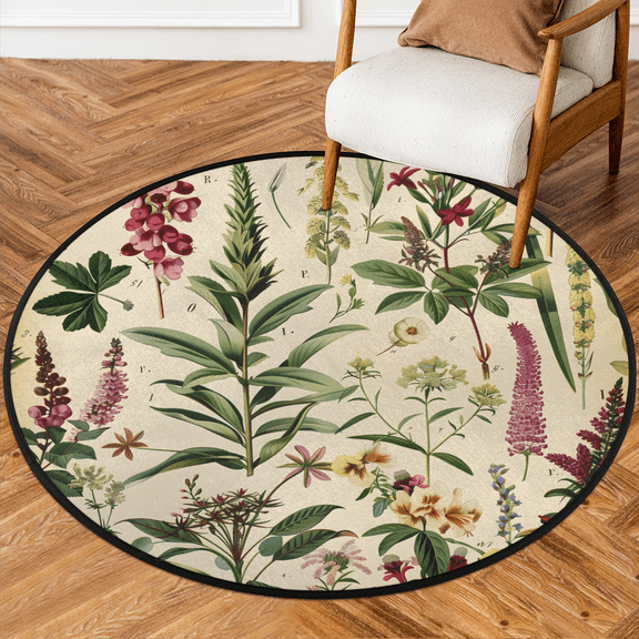 CURLYOOT Round Rug 3ft Wildflower Botanical Area Rug, Washable Circle Mat Non Slip Floor Carpet Mat, Floral Vintage Soft Indoor Rugs for Entryway Living Room Dining Room Bedroom