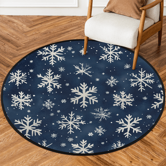 CURLYOOT Round Rug 3ft Winter Snowflakes Area Rug, Washable Circle Mat Non Slip Floor Carpet Mat, Soft Indoor Rugs for Entryway Living Room Dining Room Bedroom