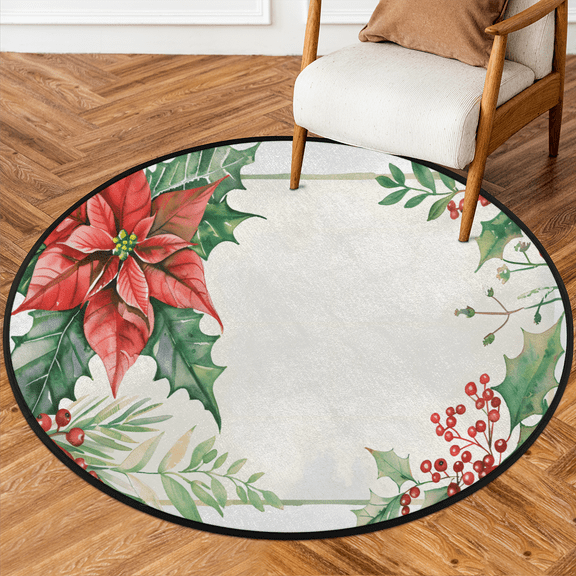 CURLYOOT Round Rug 3ft Xmas Poinsettia Red Flower Area Rug, Washable Circle Mat Non Slip Floor Carpet Mat, Soft Indoor Rugs for Entryway Living Room Dining Room Bedroom