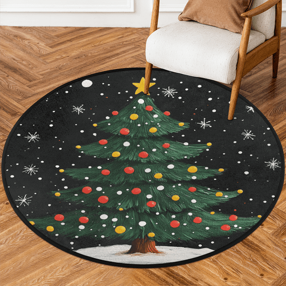 CURLYOOT Round Rug 3ft Xmas Tree Cute Winter Area Rug, Washable Circle Mat Non Slip Floor Carpet Mat, Soft Indoor Rugs for Entryway Living Room Dining Room Bedroom