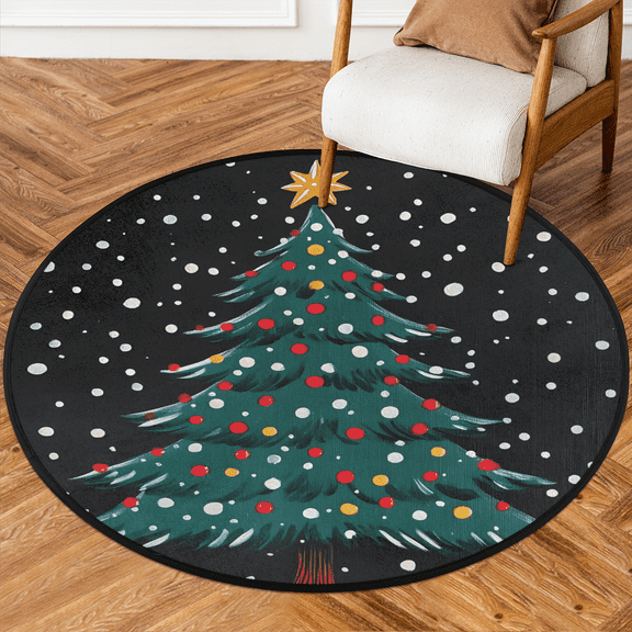 CURLYOOT Round Rug 3ft Xmas Tree Cute Winter Cartoon Area Rug, Washable Circle Mat Non Slip Floor Carpet Mat, Soft Indoor Rugs for Entryway Living Room Dining Room Bedroom