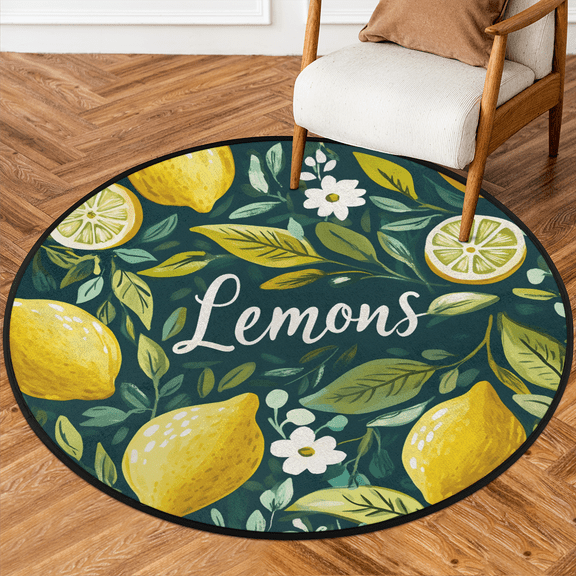 CURLYOOT Round Rug 3ft Yellow Lemons Area Rug, Washable Circle Mat Non Slip Floor Carpet Mat, Rustic Fruit Soft Indoor Rugs for Entryway Living Room Dining Room Bedroom