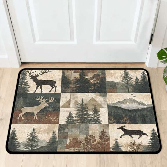 CURLYOOT Rustic Cabin Deers Vintage Front Door Mat, Washable Non-Slip Door Mat, Indoor Outdoor Floor Mats Absorbent Welcome Doormat for Entrance 20" x 30"