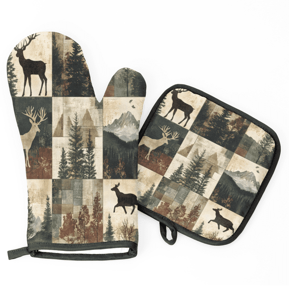 CURLYOOT Rustic Cabin Deers Vintage Oven Mitts and Pot Holders Sets of 2, Non-Slip Washable Hot Pads and Oven Gloves for Kitchen Cooking Baking