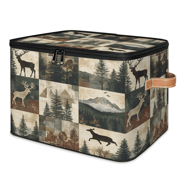 CURLYOOT Rustic Cabin Deers Vintage Storage Bins with Lid, Decorative Fabric Storage Boxes, Foldable Closet Shelf Organizer Baskets for Bedroom, Living Room, Home