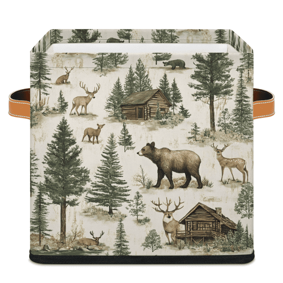 CURLYOOT Rustic Cabin Vintage Bear Deer Moose 11 x 11 Inch Cube Storage Bin, Fabric Storage Cube Foldable Basket with Leather Handles, Organizer Basket for Closet Shelves