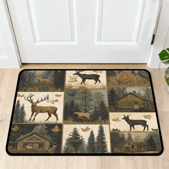 CURLYOOT Rustic Cabin Vintage Farmhouse Deer Moose Front Door Mat, Washable Non-Slip Door Mat, Indoor Outdoor Floor Mats Absorbent Welcome Doormat for Entrance 20" x 30"