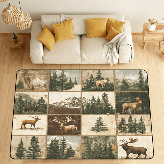 CURLYOOT Rustic Deer Vintage Moose Forest Area Rugs 5'x7' Washable Rug Large Living Room Rug Non Slip Indoor Floor Carpet for Dining Room Bedroom Home