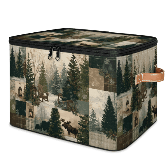 CURLYOOT Rustic Elk Storage Bins with Lid, Decorative Fabric Closet Boxes with Lids, Landscape Forest Foldable Storage Baskets Shelves Container Organizers for Bedroom, Living Room, Dorm