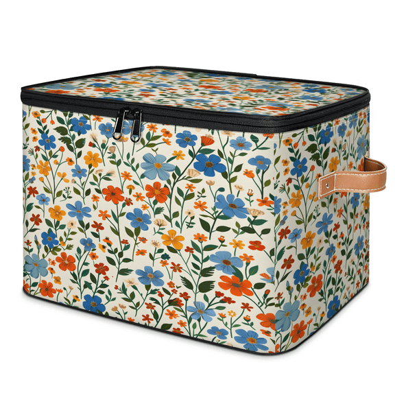 CURLYOOT Rustic Flower Storage Bins with Zipper Lid Fabric Storage Baskets Boxes Wildflower Washable Foldable Clothes Organizer Container with Leather Handles for Shelves Closet