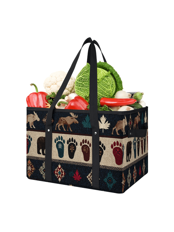 Rustic Footprint Elk Reusable Grocery Bag, Foldable Shopping Tote Bag with Reinforced Handles, Large Kitchen Grocery Bags for Shopping Groceries Picnic