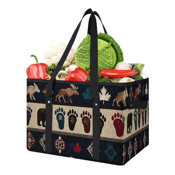 CURLYOOT Rustic Footprint Elk Reusable Grocery Bag, Foldable Shopping Tote Bag with Reinforced Handles, Large Kitchen Grocery Bags for Shopping Groceries Picnic