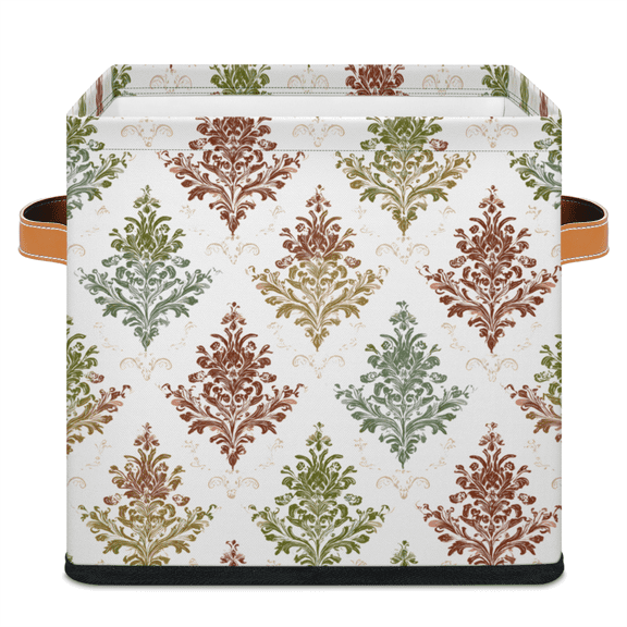 CURLYOOT Rustic Vintage Flower 11 x 11 Inch Cube Storage Bin, Decorative Storage Cube Foldable Basket with Leather Handle, Damask Fabric Bin for Closet Shelves Home Organizer