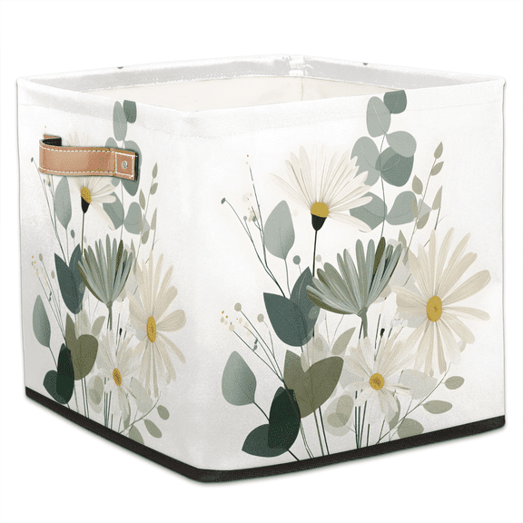 CURLYOOT Sage Green Daisy Floral Cube Storage Bin, 13 x 13 x 13 Storage Cube Bins for Organizing, Fabric Foldable Baskets with Handles for Closet, Shelves, Clothes