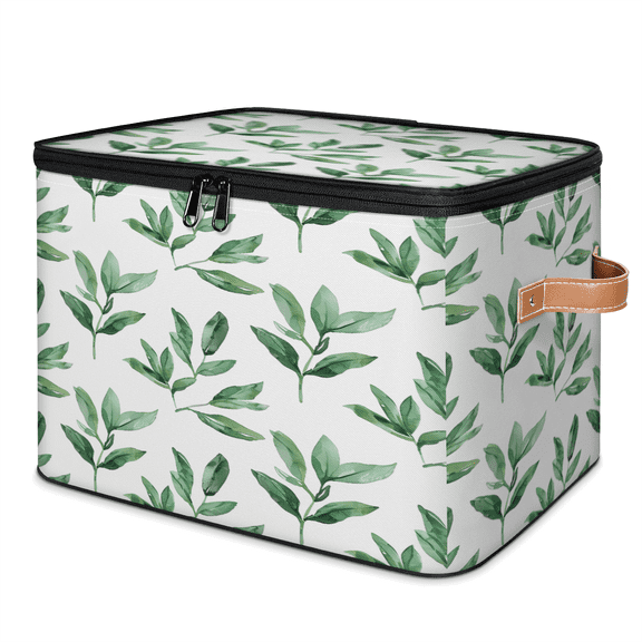 CURLYOOT Sage Green Fabric Storage Bins with Lids, Spring Leaves Foldable Storage Boxes Washable Storage Cube, Closet Bedroom Home Organizer Containers with PU Leather Handles